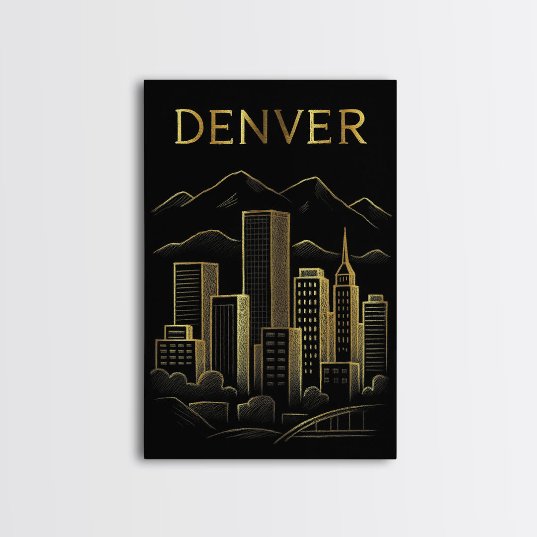 Denver Colorado Travel Poster, Canvas Print, Gold Sketch Wall Art, Denver Poster Print, Gift For Travelers, City Travel Prints, Poster Art
