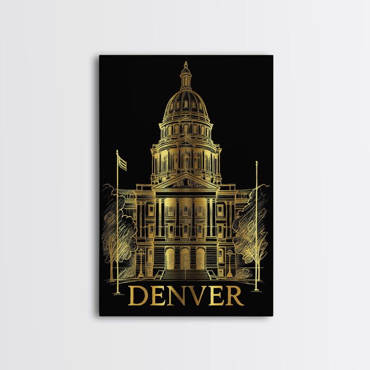 Denver Travel Poster, Framed Canvas Print, Black And Gold Line Art, Denver Travel Art, Fine Art Print, Travel Wall Decor, Home Office Decor