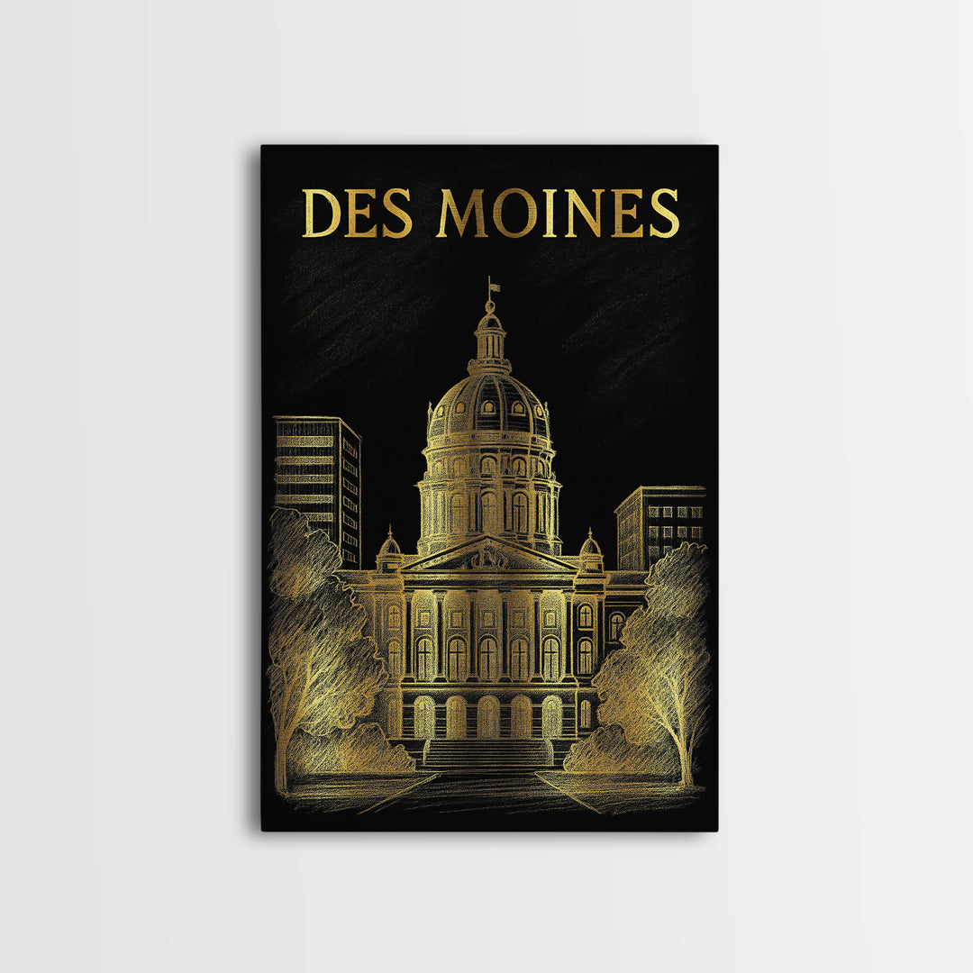 Des Moines Iowa Travel Poster, Canvas Print, Elegant Gold City Art, Des Moines Travel Art, Travel Art Print, Skyline Art, City Art Print
