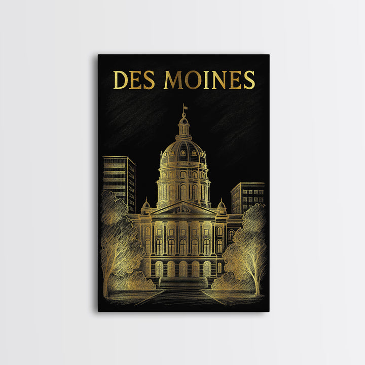 Des Moines Iowa Travel Poster, Canvas Print, Elegant Gold City Art, Des Moines Travel Art, Travel Art Print, Skyline Art, City Art Print