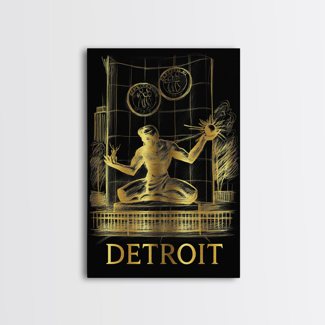 Detroit Travel Poster, Canvas Print, Gold Sketch Wall Art, Detroit Travel Art, Mid Century Wall Art, City Travel Prints, Home Office Decor