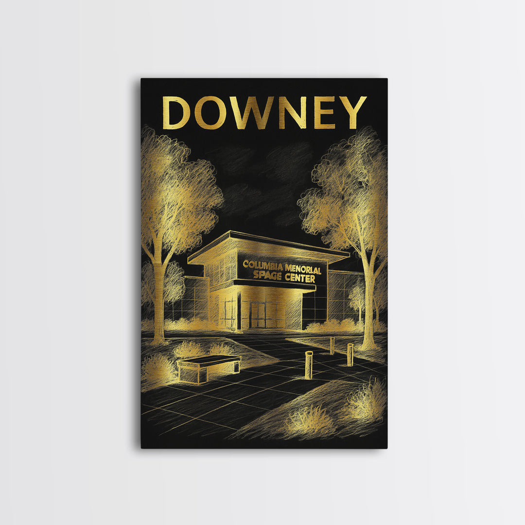 Downey California Travel Poster, Canvas Print, Gold Sketch Wall Art, Downey Wall Art, Travel Art, Vintage City Poster, Retro Travel Print