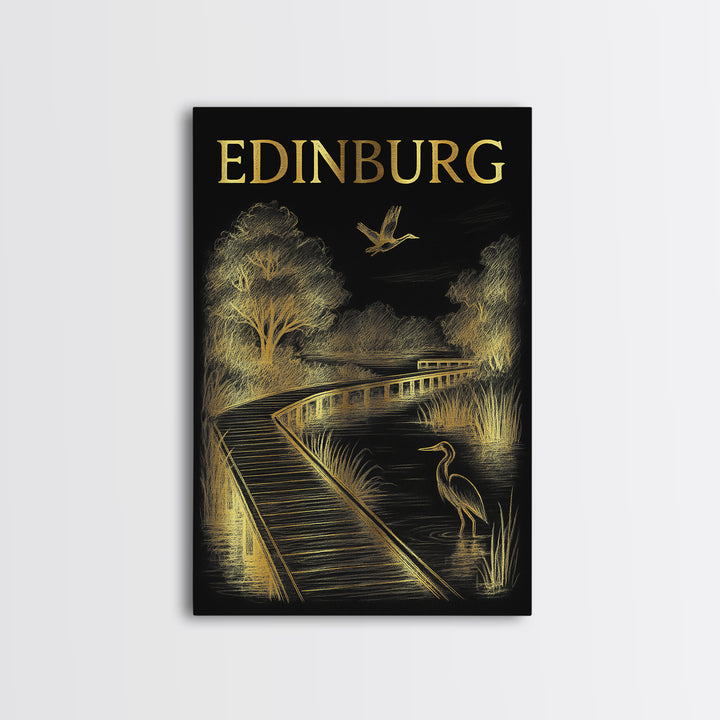 Edinburg Texas Travel Poster, Framed Canvas Print, Dark Background Poster Art, Edinburg Travel Art, Retro Travel Print, Travel Poster Art