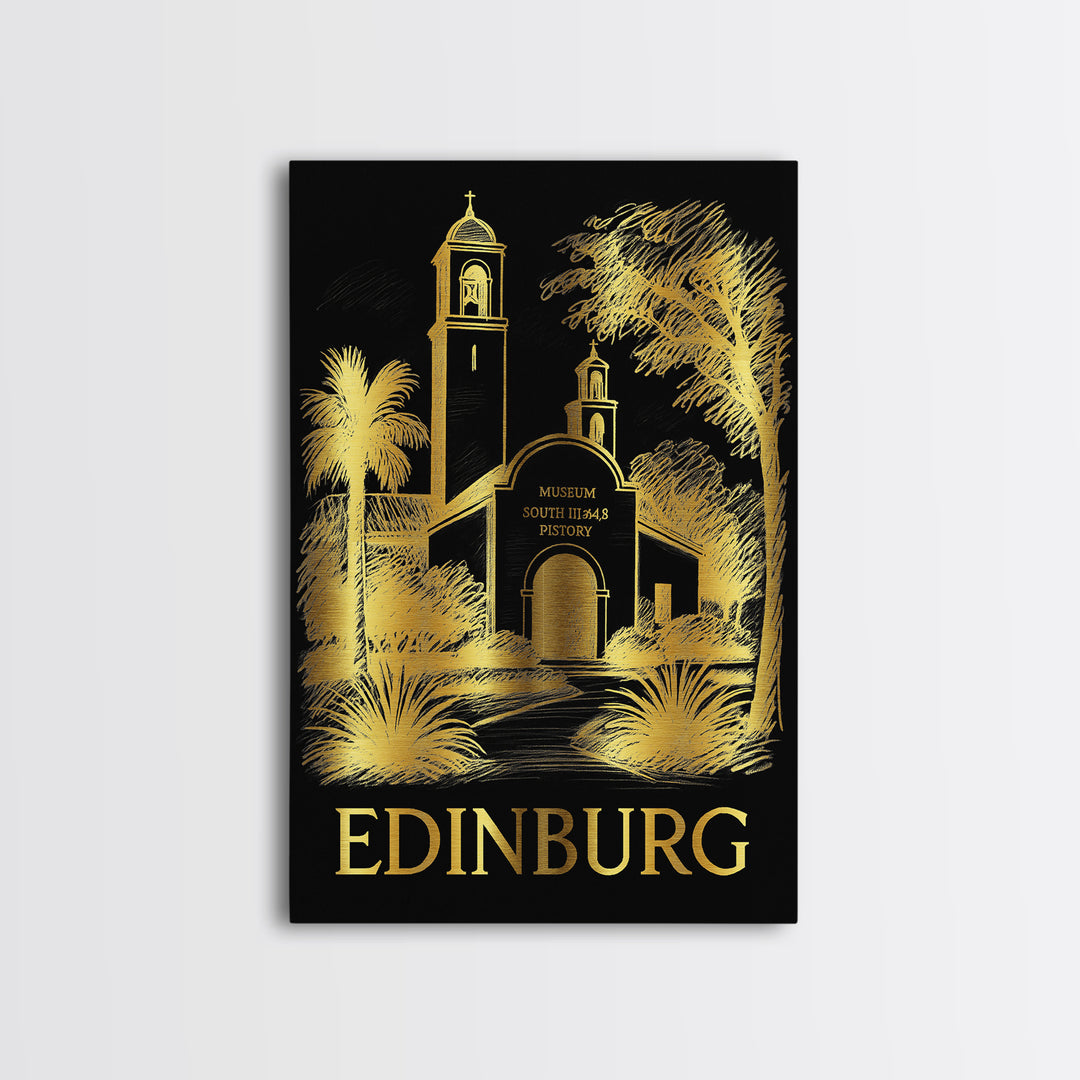Edinburg Travel Poster, Framed Canvas Print, Black And Gold Line Art, Edinburg City Art, Retro Travel Print, Travel Art Print, Design 2
