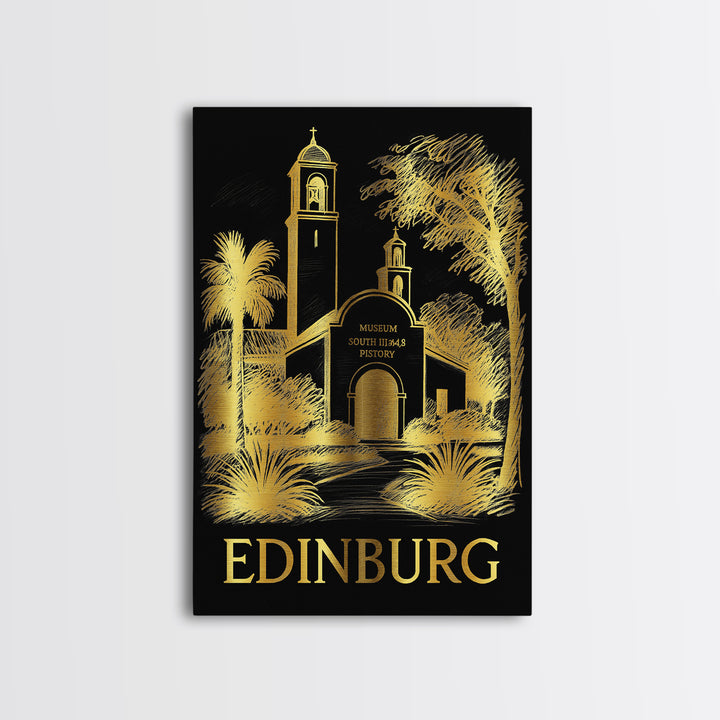 Edinburg Travel Poster, Framed Canvas Print, Black And Gold Line Art, Edinburg City Art, Retro Travel Print, Travel Art Print, Design 2