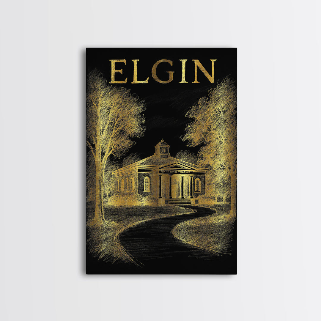 Elgin Illinois Travel Poster, Canvas Print, Gold Sketch Wall Art, Elgin City Art, Wall Art, Travel Poster Art, Retro Travel Print