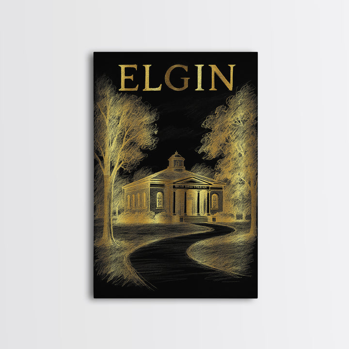 Elgin Illinois Travel Poster, Canvas Print, Gold Sketch Wall Art, Elgin City Art, Wall Art, Travel Poster Art, Retro Travel Print