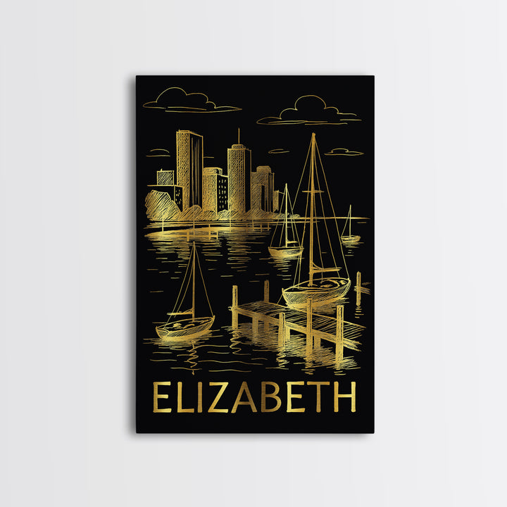 Elizabeth Travel Poster, Framed Canvas Print, Gold Sketch Wall Art, Elizabeth Art Print, Travel Art Print, Wanderlust Decor, Poster Print