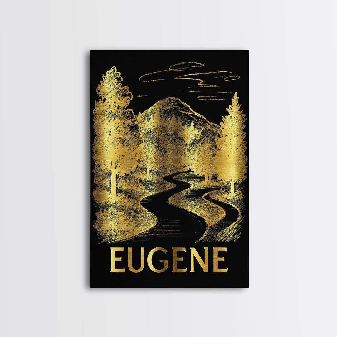 Eugene Travel Poster, Canvas Print, Black And Gold Line Art, Eugene Wall Art, Gift For Travelers, Living Room Wall Art, Wanderlust Decor