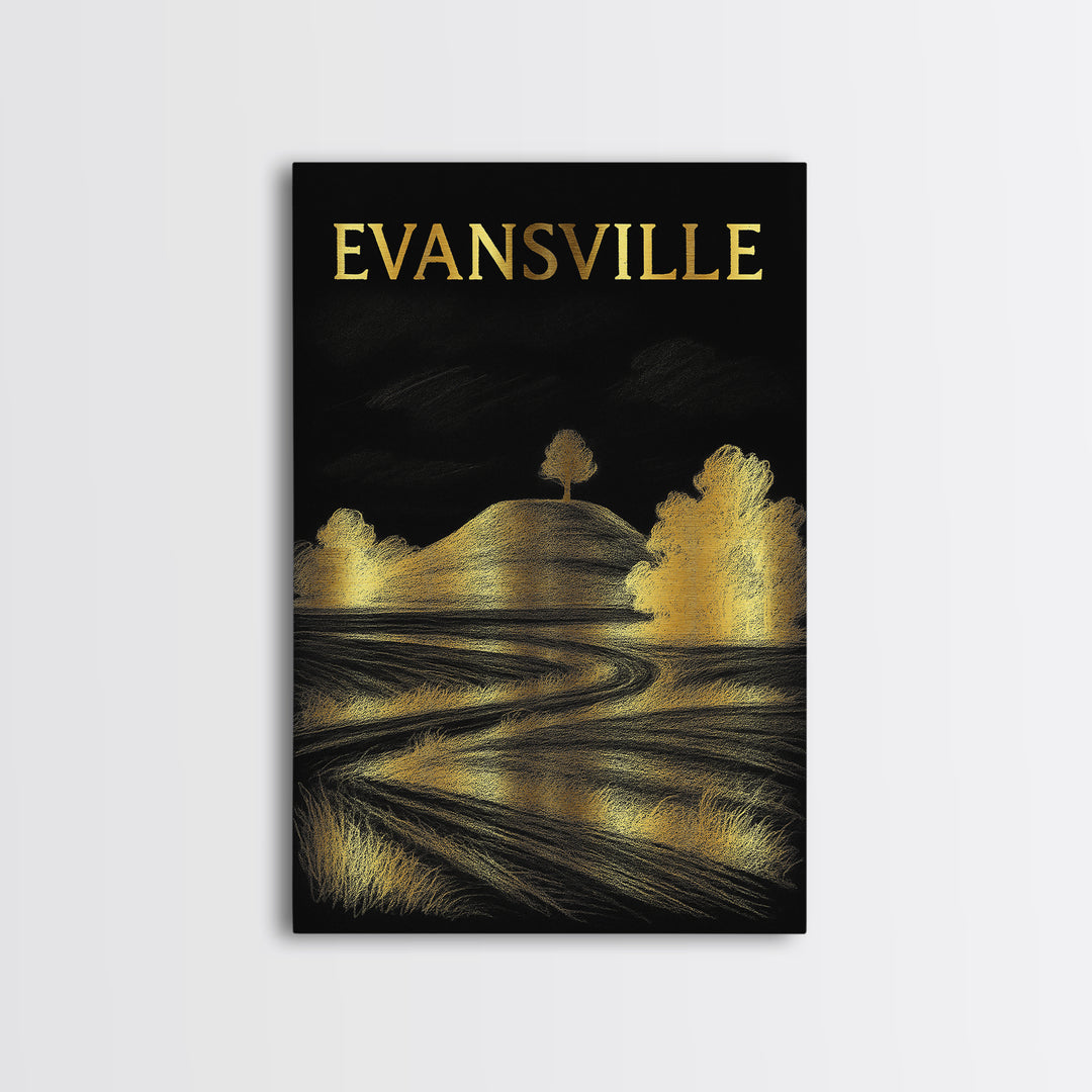 Evansville Indiana Travel Poster, Canvas Print, Elegant Gold City Art, Evansville Wall Art, City Art Print, Travel Wall Decor, Home Decor