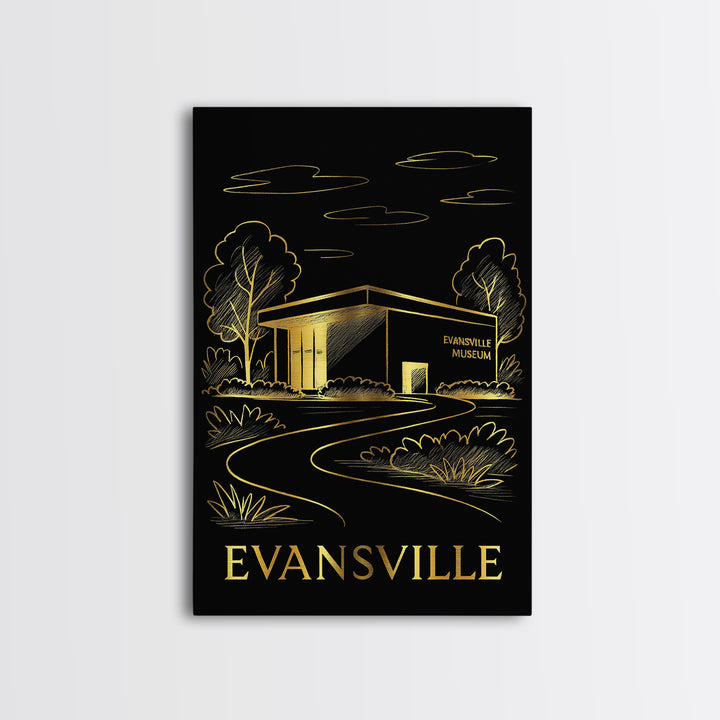 Evansville Travel Poster, Framed Canvas Print, Black And Gold Line Art, Evansville City Art, Home Office Decor, Mid Century Wall Art
