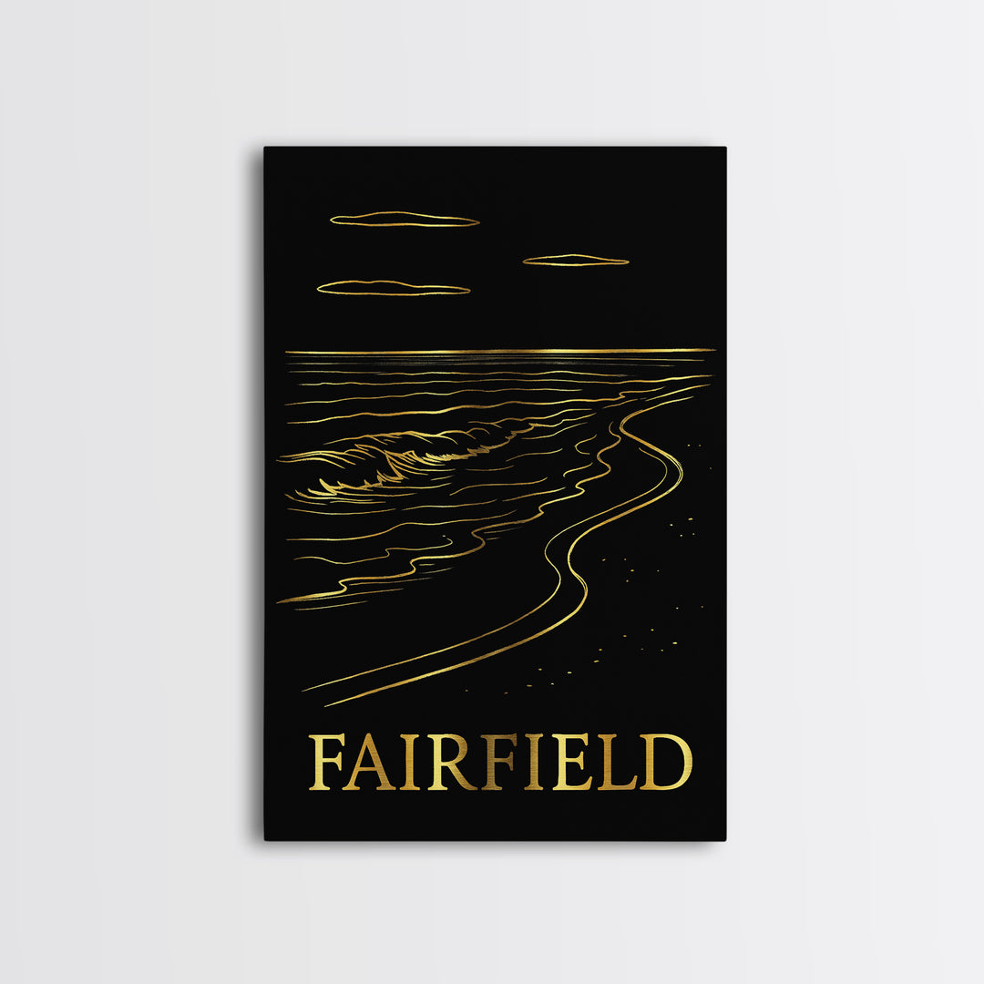 Fairfield Travel Poster, Framed Canvas Print, Black And Gold Line Art, Fairfield City Art, City Travel Prints, Watercolor Urban Skyline