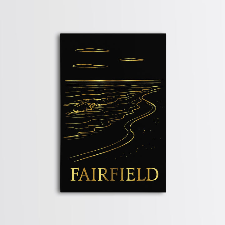 Fairfield Travel Poster, Framed Canvas Print, Black And Gold Line Art, Fairfield City Art, City Travel Prints, Watercolor Urban Skyline