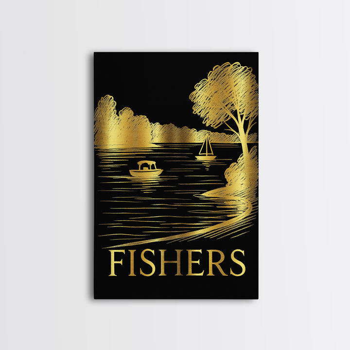 Fishers Travel Poster, Framed Canvas Print, Black And Gold Line Art, Fishers Travel Art, Vintage Travel Art, Vintage Travel Print