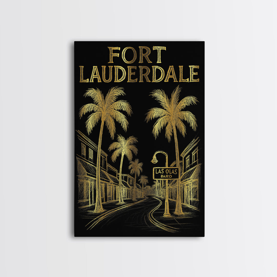 Fort Lauderdale Florida Travel Poster, Canvas Print, Elegant Gold City Art, Fort Lauderdale City Art, Travel Art Print, Watercolor Cityscape