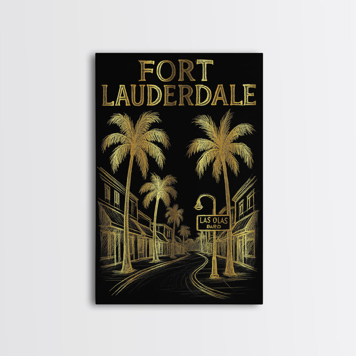 Fort Lauderdale Florida Travel Poster, Canvas Print, Elegant Gold City Art, Fort Lauderdale City Art, Travel Art Print, Watercolor Cityscape
