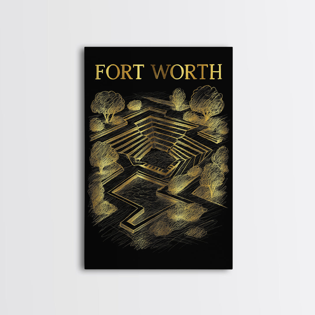 Fort Worth Texas Travel Poster, Framed Canvas Print, Gold Sketch Wall Art, Fort Worth City Art, City Illustration, Travel Wall Decor