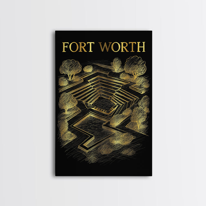 Fort Worth Texas Travel Poster, Framed Canvas Print, Gold Sketch Wall Art, Fort Worth City Art, City Illustration, Travel Wall Decor