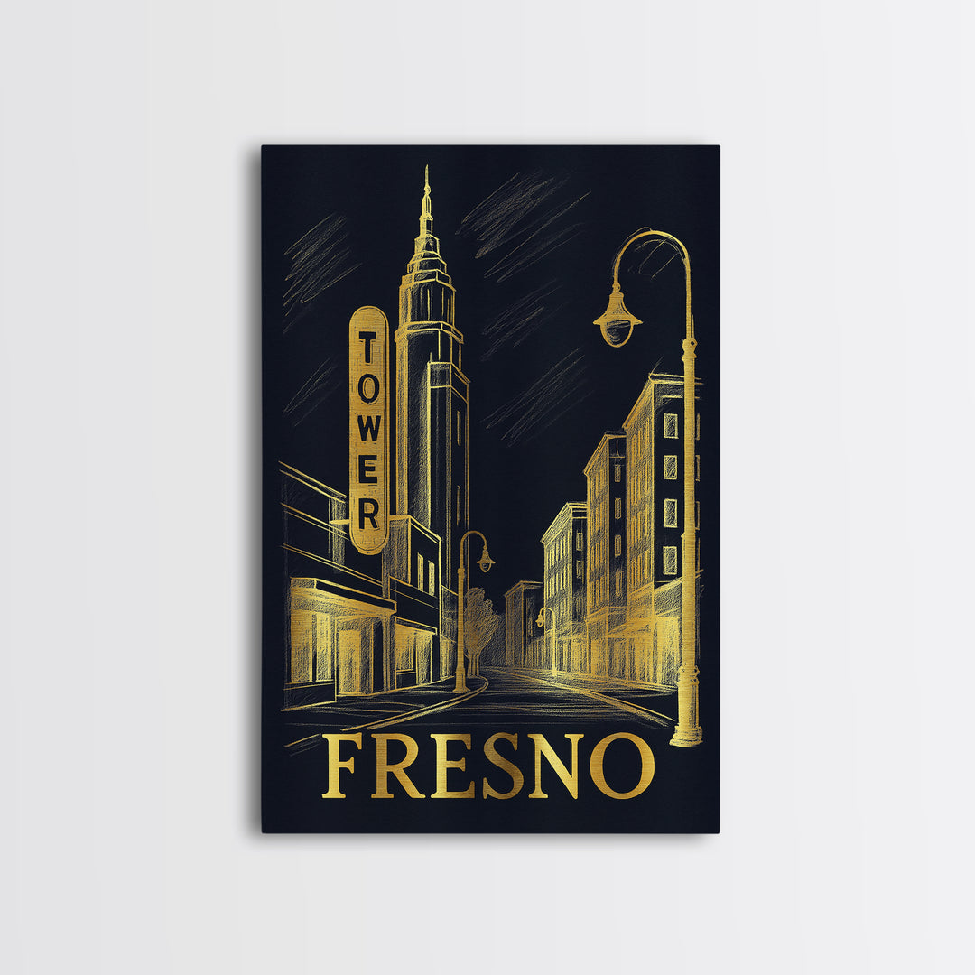 Fresno Travel Poster, Framed Canvas Print, Dark Background Poster Art, Fresno Wall Art, City Illustration, Vintage Travel Art, Design 2