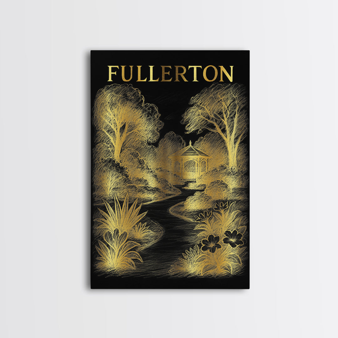 Fullerton California Travel Poster, Framed Canvas Print, Gold Sketch Wall Art, Fullerton Art Print, Home Office Decor, Retro Travel Print