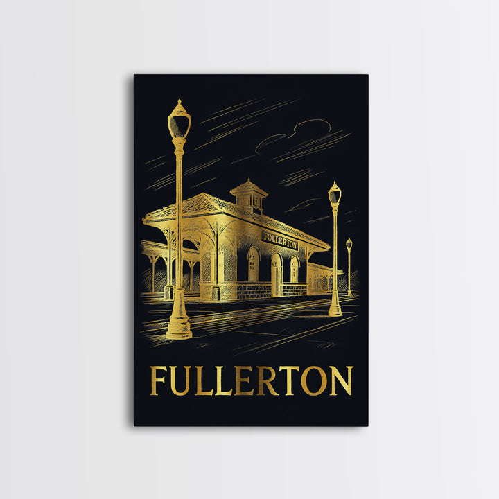 Fullerton Travel Poster, Framed Canvas Print, Black And Gold Line Art, Fullerton City Art, City Travel Prints, Retro Travel Print