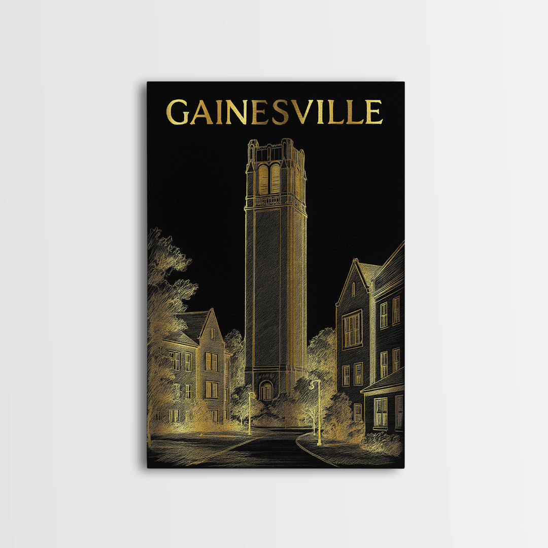 Gainesville Florida Travel Poster, Framed Canvas Print, Black And Gold Line Art, Gainesville Wall Art, Watercolor Skyline, City Art Print