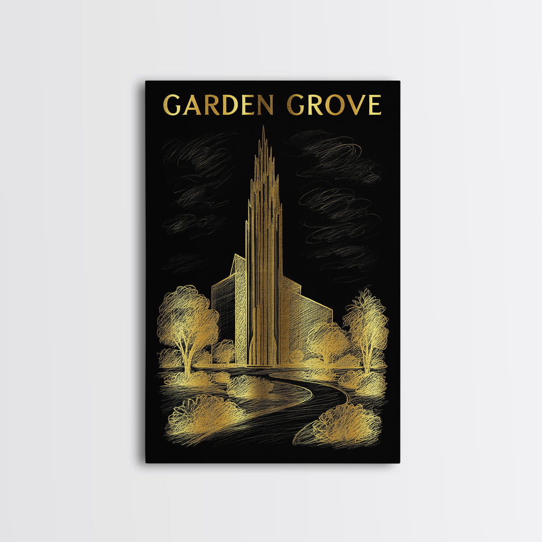 Garden Grove California Travel Poster, Canvas Print, Black And Gold Line Art, Garden Grove Art Print, Travel Art Print, City Travel Prints