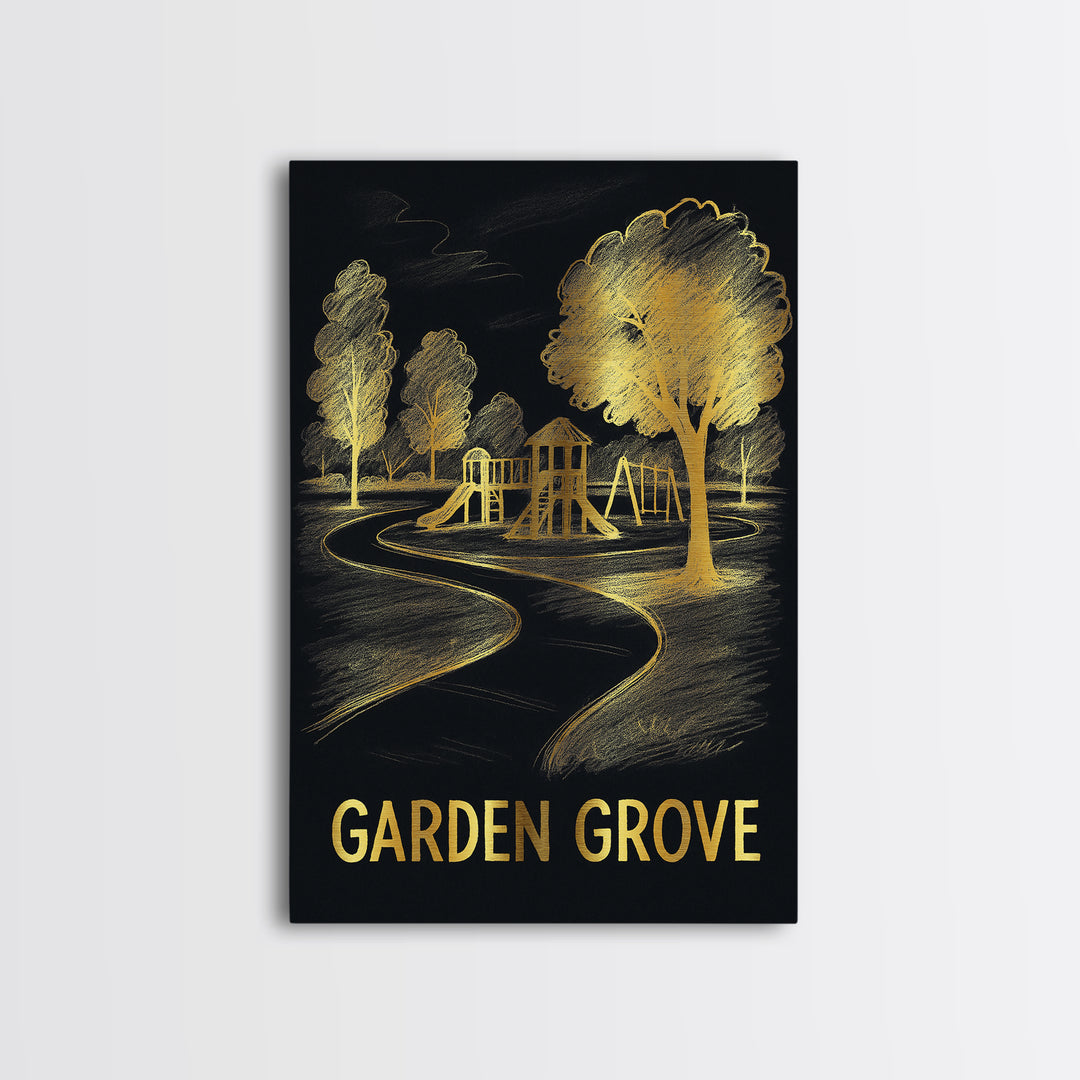 Garden Grove Travel Poster, Framed Canvas Print, Gold Sketch Wall Art, Garden Grove Poster Print, Mid Century Wall Art, Vintage City Art