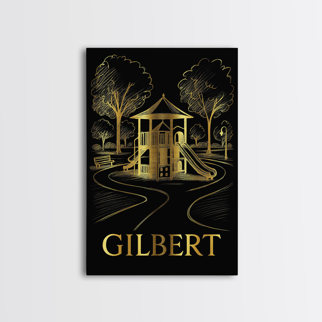 Gilbert Travel Poster, Framed Canvas Print, Gold Sketch Wall Art, Gilbert City Art, Travel Art Print, Eclectic Wall Decor, Fine Art Print