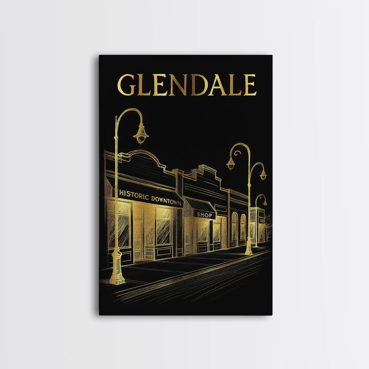 Glendale Travel Poster, Canvas Print, Black And Gold Line Art, Glendale Poster Print, Vintage City Poster, Travel Poster Art, Wall Art