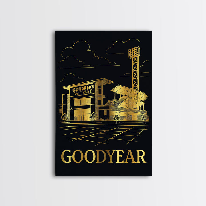 Goodyear Travel Poster, Framed Canvas Print, Gold Sketch Wall Art, Goodyear Travel Art, Eclectic Wall Decor, Living Room Wall Art