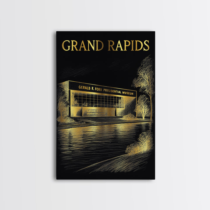 Grand Rapids Michigan Travel Poster, Canvas Print, Elegant Gold City Art, Grand Rapids Travel Art, Vintage City Art, Vintage City Poster