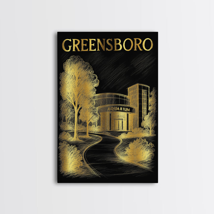 Greensboro North Carolina Travel Poster, Canvas Print, Black And Gold Line Art, Greensboro Travel Art, City Poster, Gift For Travelers