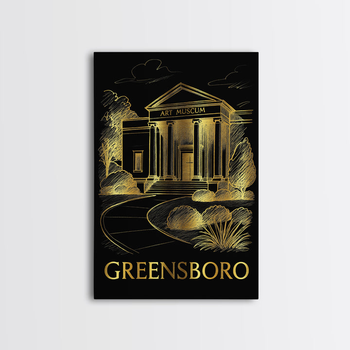 Greensboro Travel Poster, Framed Canvas Print, Black And Gold Line Art, Greensboro Poster Print, Travel Poster Set, Retro Travel Print