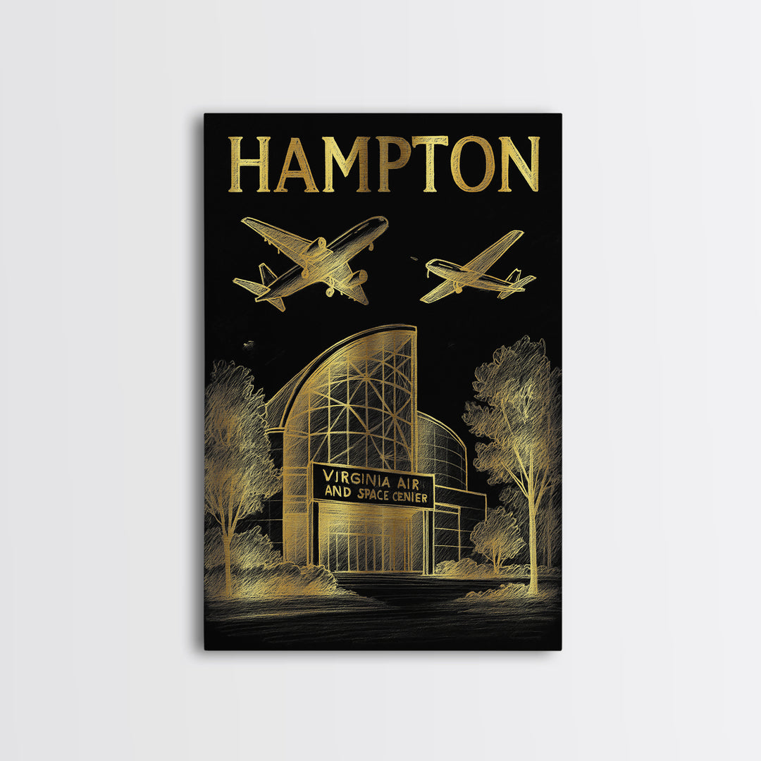 Hampton Virginia Travel Poster, Framed Canvas Print, Black And Gold Line Art, Hampton Art Print, Home Office Decor, Eclectic Wall Decor