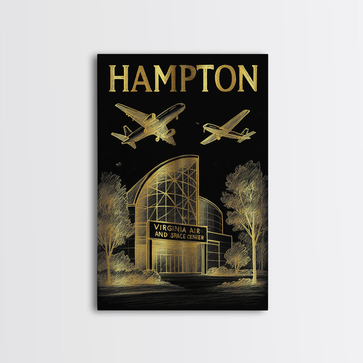 Hampton Virginia Travel Poster, Framed Canvas Print, Black And Gold Line Art, Hampton Art Print, Home Office Decor, Eclectic Wall Decor
