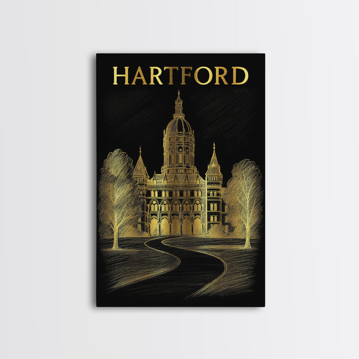 Hartford Connecticut Travel Poster, Canvas Print, Black And Gold Line Art, Hartford Wall Art, Travel Art Print, Travel Wall Art