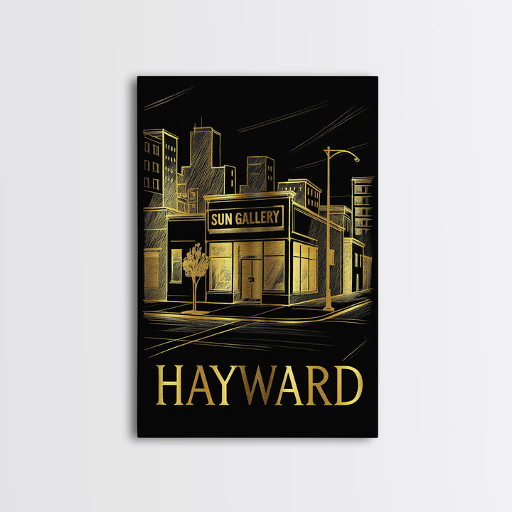 Hayward Travel Poster, Framed Canvas Print, Gold Sketch Wall Art, Hayward Travel Art, Travel Poster Set, City Illustration, Vintage Print