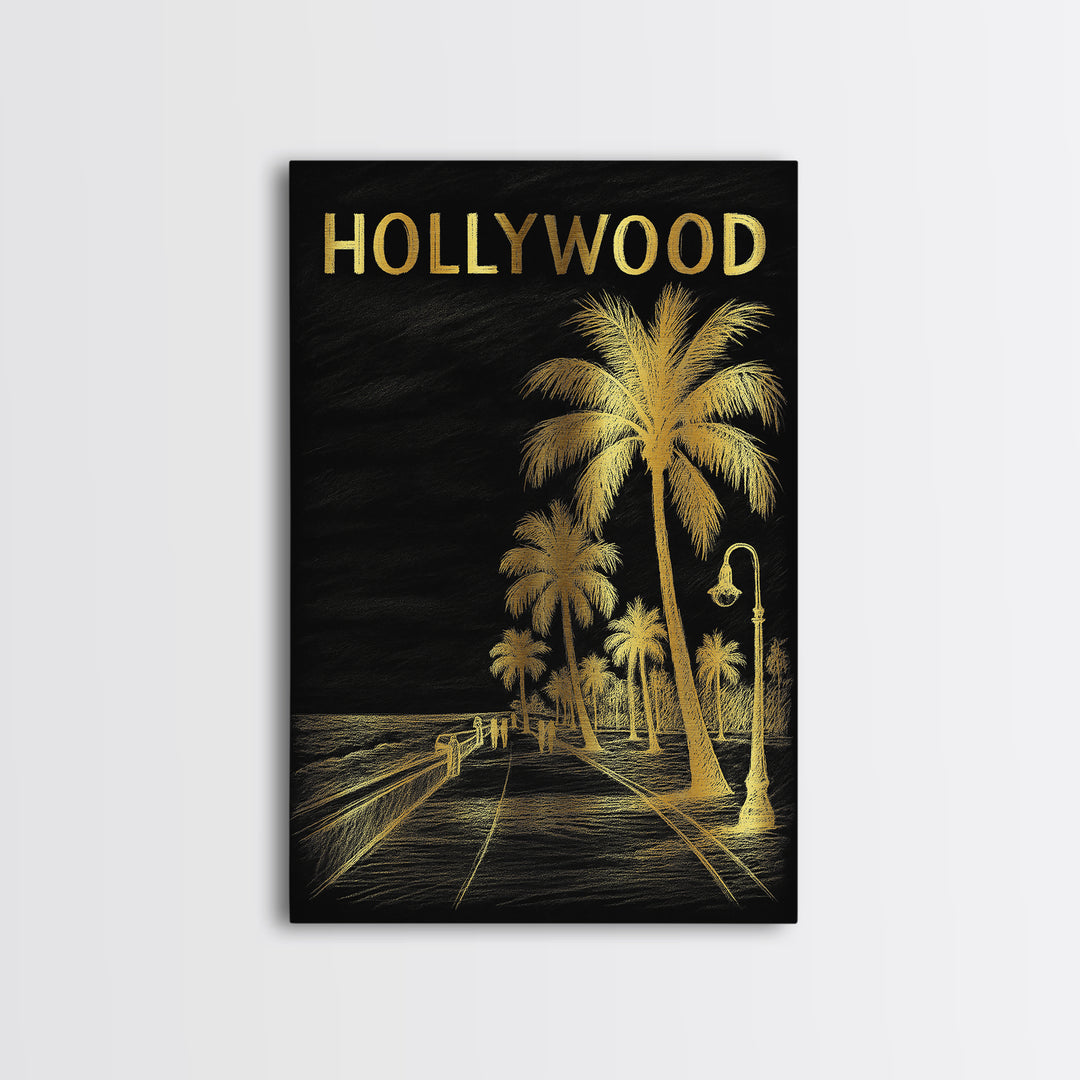 Hollywood Florida Travel Poster, Canvas Print, Dark Background Poster Art, Hollywood Poster Print, Watercolor City Skyline, Travel Print