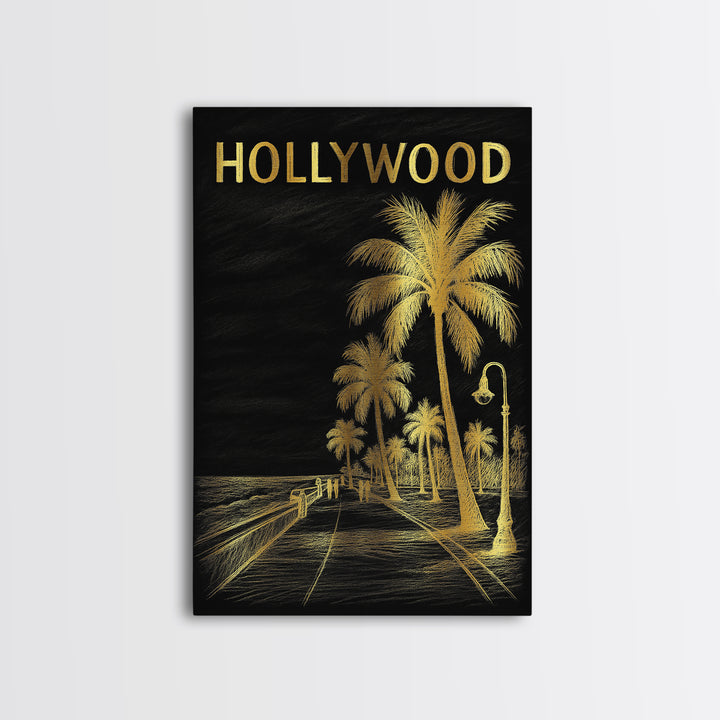 Hollywood Florida Travel Poster, Canvas Print, Dark Background Poster Art, Hollywood Poster Print, Watercolor City Skyline, Travel Print