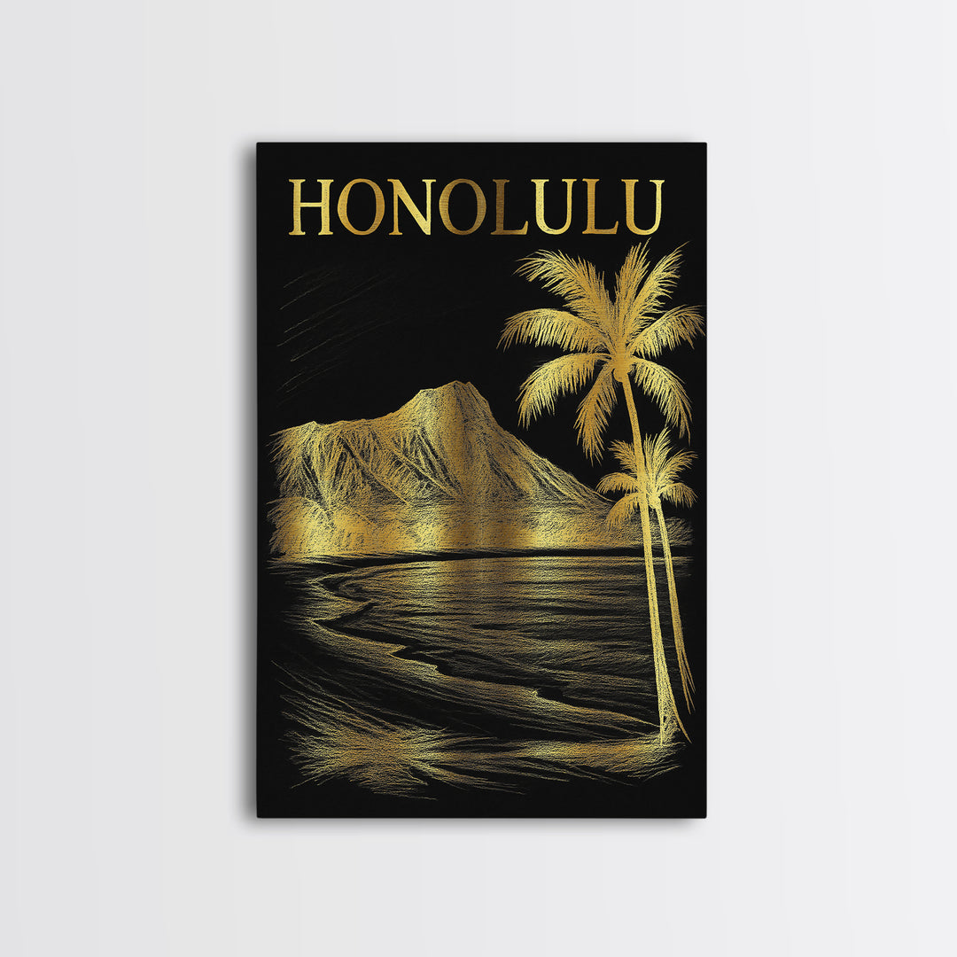 Honolulu Hawaii Travel Poster, Canvas Print, Black And Gold Line Art, Honolulu City Art, Travel Wall Decor, Home Office Decor, Design 1