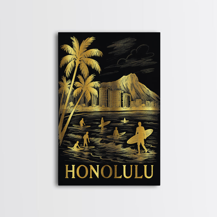 Honolulu Travel Poster, Canvas Print, Black And Gold Line Art, Honolulu Travel Art, Eclectic Wall Decor, Gift For Travelers, Poster Art