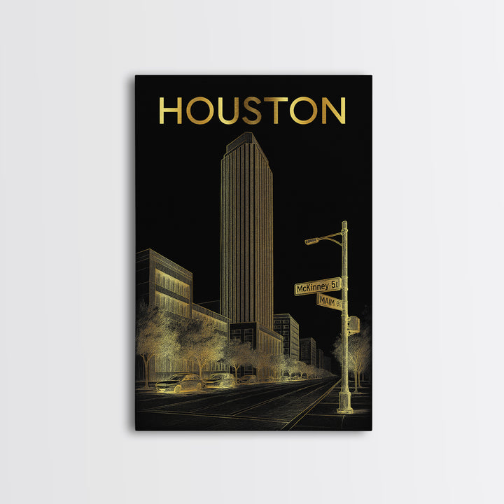 Houston Travel Poster, Canvas Print, Elegant Gold City Art, Houston Poster Print, Gift For Travelers, Travel Wall Art, City Art Print
