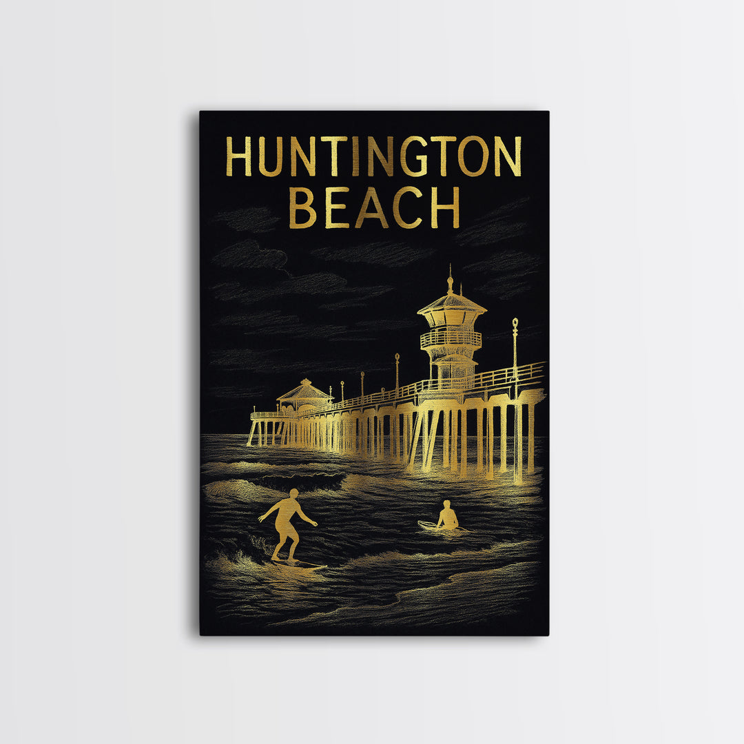 Huntington Beach California Travel Poster, Canvas Print, Black And Gold Line Art, Huntington Beach Travel Art, Travel Art Print