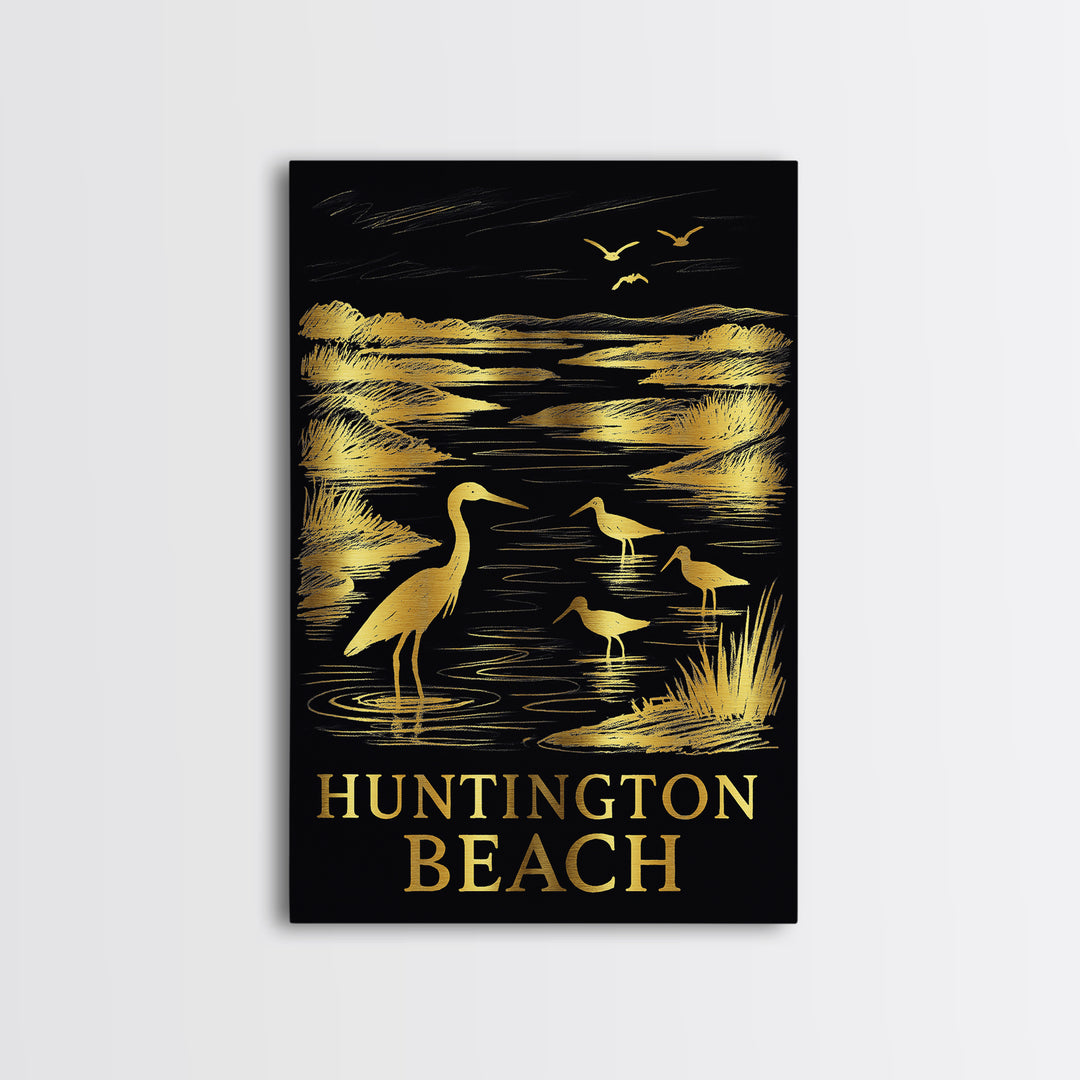 Huntington Beach Travel Poster, Framed Canvas Print, Elegant Gold City Art, Huntington Beach Travel Art, Travel Poster Art, Home Decor