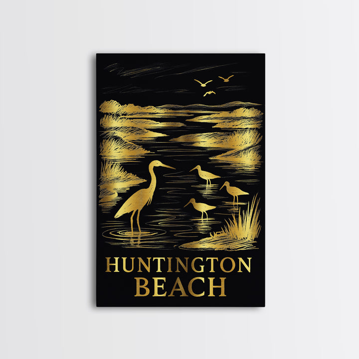 Huntington Beach Travel Poster, Framed Canvas Print, Elegant Gold City Art, Huntington Beach Travel Art, Travel Poster Art, Home Decor