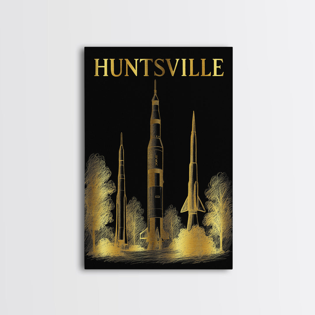 Huntsville Alabama Travel Poster, Canvas Print, Black And Gold Line Art, Huntsville Wall Art, Wall Decor, Mid Century Wall Art, Wall Art