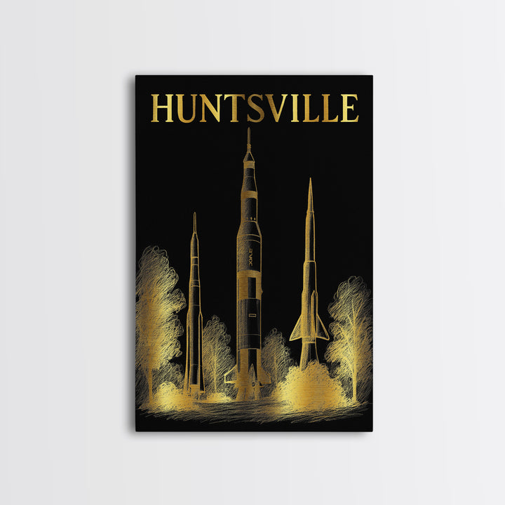 Huntsville Alabama Travel Poster, Canvas Print, Black And Gold Line Art, Huntsville Wall Art, Wall Decor, Mid Century Wall Art, Wall Art