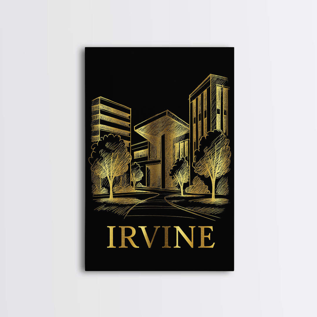 Irvine Travel Poster, Framed Canvas Print, Elegant Gold City Art, Irvine Art Print, Travel Art Print, Vintage Travel Print, Fine Art Print