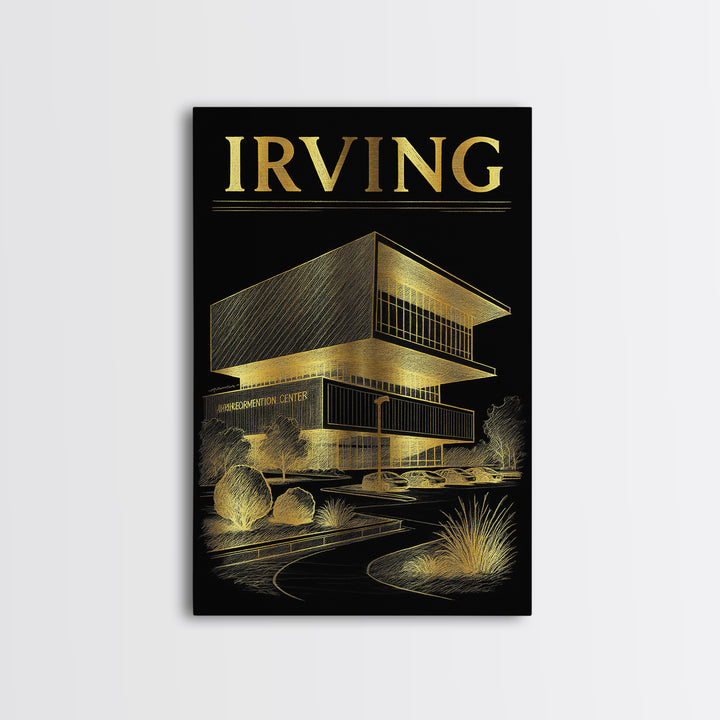 Irving Texas Travel Poster, Canvas Print, Black And Gold Line Art, Irving Print, Wanderlust Decor, Watercolor Skyline, Retro Travel Print